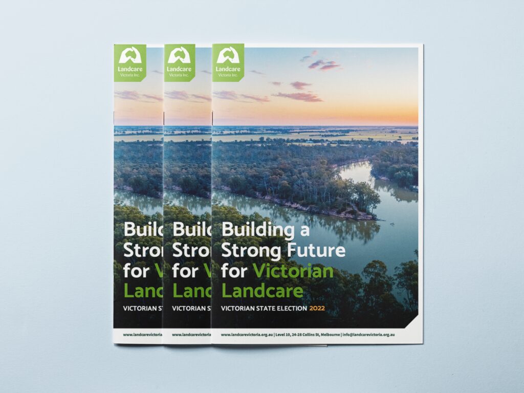 Three A4 saddle-stitched booklets, Building a Strong Future for Victorian Landcare, printed by Ethical Print Co.
