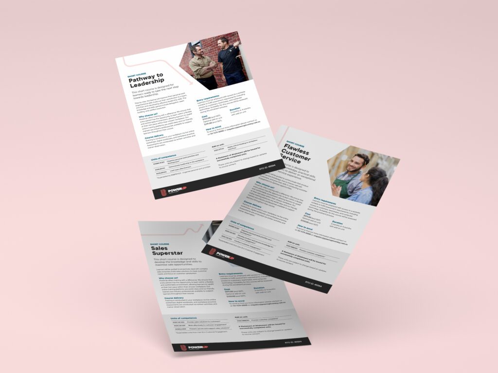 Full colour mockup of three PowerUp Learning promotional flyers, featuring various text and images, floating against a pink background.