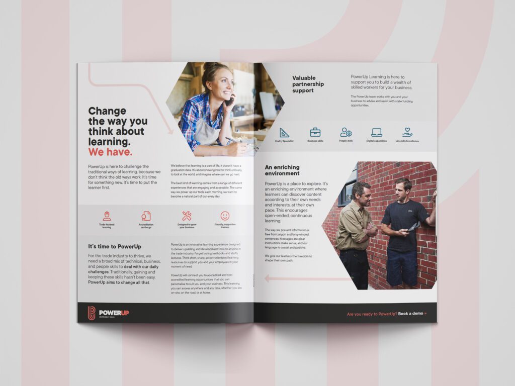 Inside spread of a PowerUp general booklet printed on recycled paper
