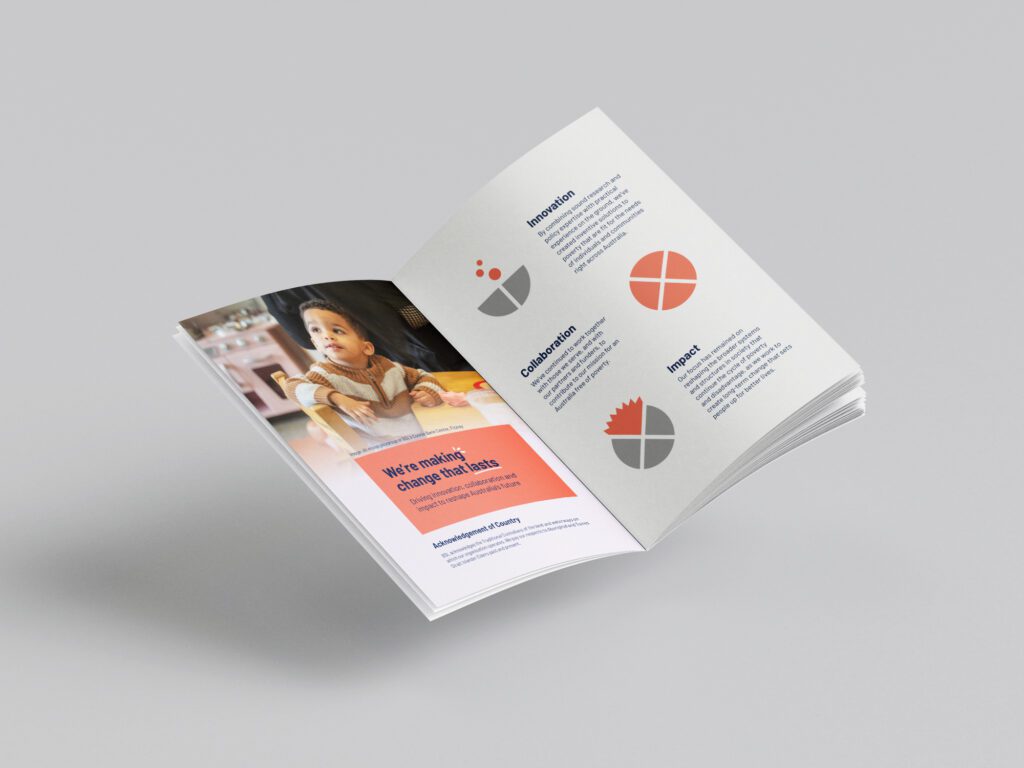 Inside spread from the BSL 2023 Annual Report print version showing a page with an image of a child and the title 'We're making change that lasts' on the left, and the BSL 'Impact' infographic in full colour on a light grey background.