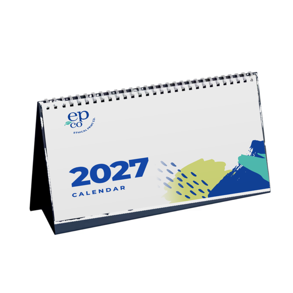 Wiro-bound desk calendar on a board stand, showing an Ethical Print Co. 2027 calendar cover