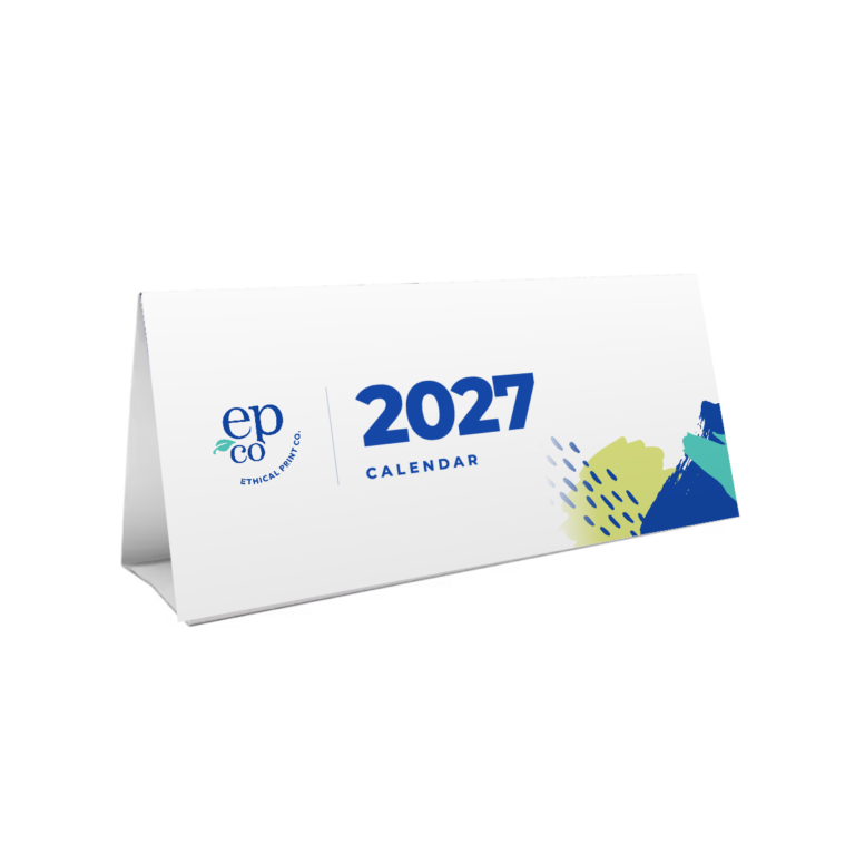 Single-sheet desk tent calendar folded to stand, showing an Ethical Print Co. 2027 calendar