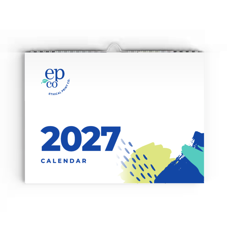 Landscape wire-bound wall calendar with hanger, showing an Ethical Print Co. 2027 calendar cover
